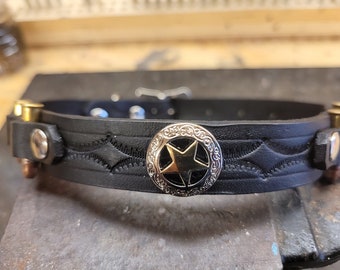 Dog Collar, Leather Dog Collar, Sheriff Star with 22LR Bullets, Black, Handmade, Tiny Dog Collar, Small Dog Collar, 3/4inch wide