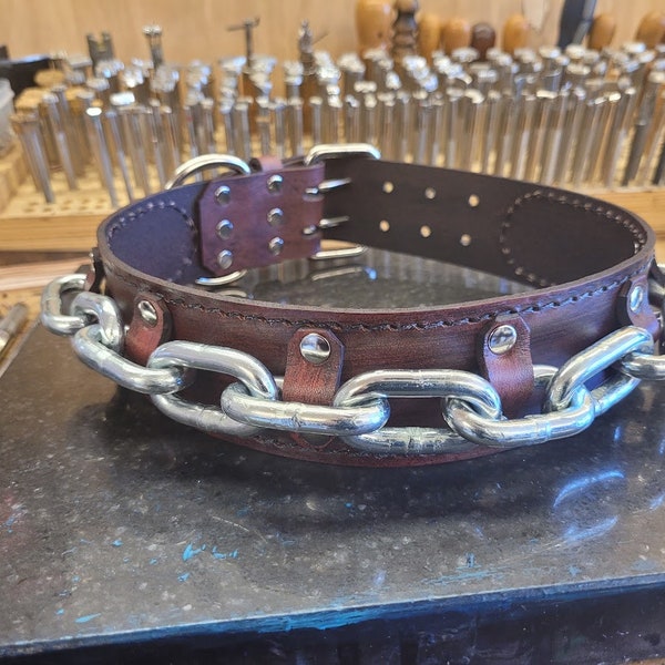 Dog Collar, Leather Dog Collar, Big Dog Collar, Heavy Duty Collar, Leather with chain, Mahogany, Great Danes, Cane Corso, Mastiff