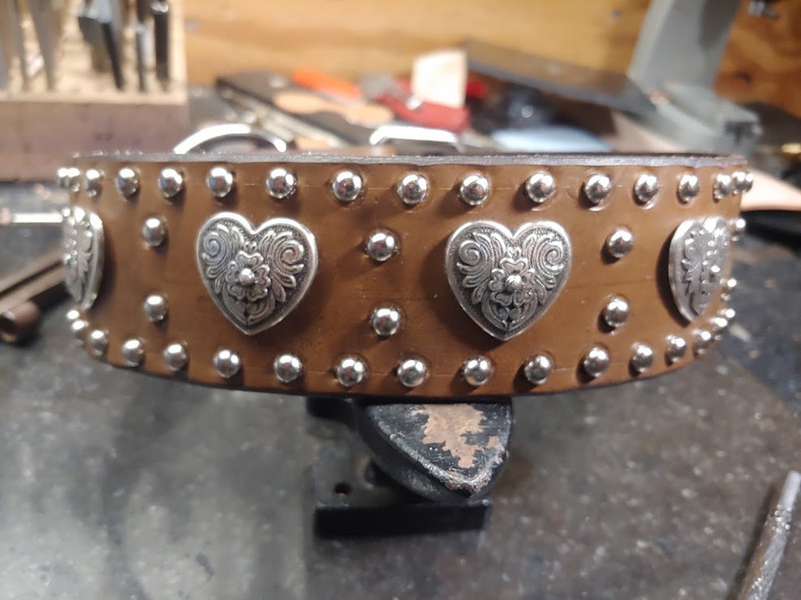 Leather Dog Collar Heart Conchos Studs Dog Collar Custom Etsy