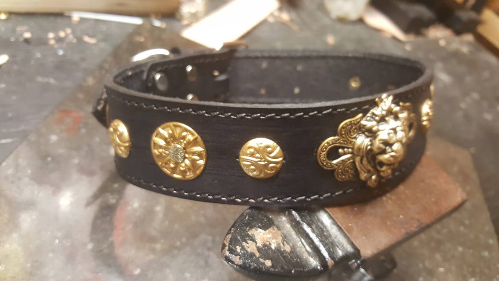 Leather dog collar Lion Head Brass Black stitched dog Etsy