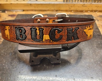 Dog Collar, Leather dog collar, Dog Name, Wildlife pattern, Deer, 1.5''inch wide, Briar Brown, Handmade, Medium dog collar, Large Dog Collar