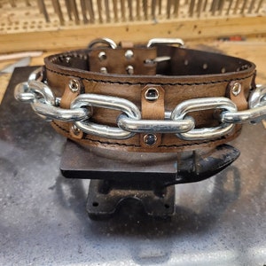 Dog Collar, Leather Dog Collar, Large Dog Collar, Heavy Duty Dog Collar, Leather with chain, Dark Brown, Great Danes, Cane Corso, Mastiff,