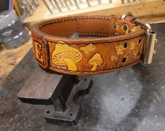 Dog Collar, Leather Dog Collar, Mushroom pattern, 1.5''inch wide, Embossed, Hand Crafted, Medium Dog Collar, Large Dog. Customize with Name