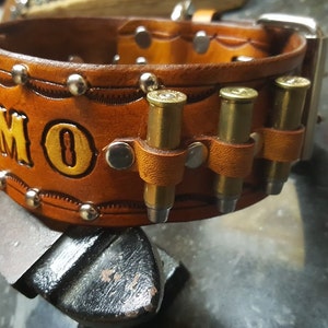 Dog Collar, Leather Dog Collar, Western Dog Collar, 2&#39;&#39; inch Leather Dog Collar. 357mag Bullets, Handmade, Personalized, Saddle Tan Color