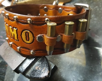 Dog Collar, Leather Dog Collar, Western Dog Collar, 2'' inch Leather Dog Collar. 357mag Bullets, Handmade, Personalized, Saddle Tan Color