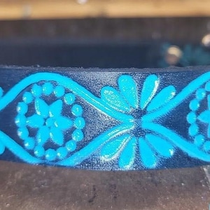 Dog Collar, Leather dog collar, Western, Black and Turquoise, Embossed, Small dog collar, Custom Dogs Name, Personalized, Handmade