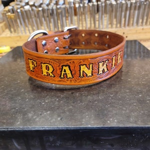 Dog Collar, Leather Dog Collar, Western Dog Collar. Customized with Dogs Name, Saddle Tan, Two Tone, 1.5 inches Handmade. image 3