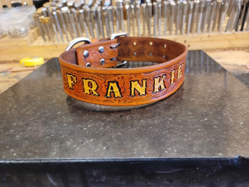 Dog Collar, Leather Dog Collar, Western Dog Collar. Customized with Dogs Name, Saddle Tan, Two Tone, 1.5 inches Handmade. image 3