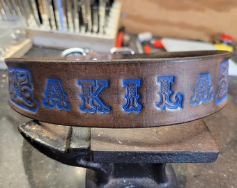 Dog Collar, Leather Dog Collar, Dark Brown and Blue, Western, hand crafted, Medium Dog Collar, Large Dog Collar, 1.5'' inches wide