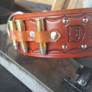 Dog Collar, Leather Dog Collar, 357mag Bullets, with Dogs Name, and round Studs, Personalized, western dog collar, Handmade