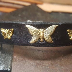 Dog Collar, Leather Dog Collar, Butterfly, Brass, handmade, vintage, Antique, Small Dog Collar, 3/4 wide
