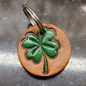 Dog ID Tag, ID. Tag, Leather Dog ID. Tag, Four Leaf Clover Flower, Dogs name, Phone number, personalized, embossed,