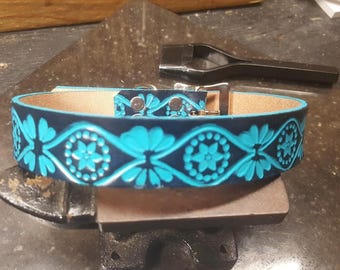 Dog Collar, Leather Dog Collar, Western, Black and Turquoise, Embossed, Small Dog Collar, Handmade