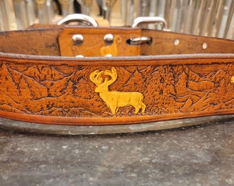 Dog Collar, Leather dog collar, Wildlife pattern, Deer, 1.5''inch wide, Saddle Tan, Handmade, Medium dog collar, Large Dog Collar