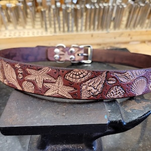 May include: A brown leather dog collar with a silver buckle and a detailed embossed design of seashells and starfish.