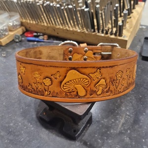 Dog Collar, Leather Dog Collar, Mushroom pattern, 1.5''inch wide, Embossed, Hand Crafted, Medium dog collar, Large Dog collar, Two Tone