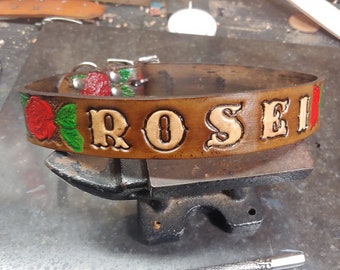 Dog Collar, Leather Dog Collar, Roses, Custom Made, Floral, Personalized Dog Name