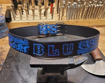 Dog Collar, Leather dog Collar, Black and Blue, Custom Name, Western, vintage, hand crafted, Medium Dog, Large Dog, 1.5 inches wide