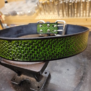 Dog Collar, Leather Dog Collar, Snake Scale, Viper Skin Pattern, 1.5&#39;&#39;inch wide, Black and Green, Embossed, Medium dog collar, Large Dog,