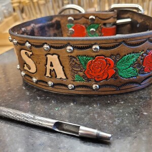 Dog Collar, Leather Dog Collar, Roses, Dogs Name, Studs, 2-inch wide, handmade, Large Dog Collar, Medium Dog Collar