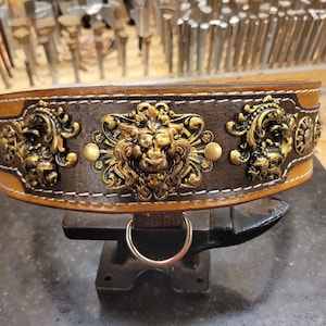 Dog Collar, Leather Dog Collar, Brass Lion, Dragons, Vintage Victorian, Handmade, Big Dog collar, Great Dane, Cane Corso