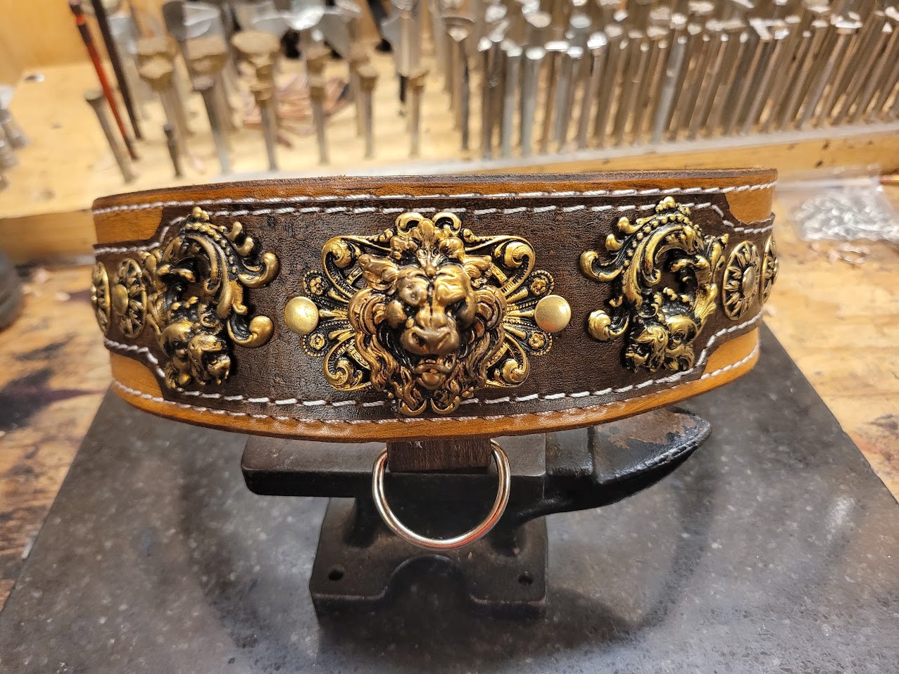 Dog Collar, Leather Dog Collar, Brass Lion, Dragons, Vintage