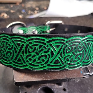 Dog Collar, Leather Dog Collar, Black and Green collar, Handmade, Celtic Design, Medium Dog collar, Large Dog Collar