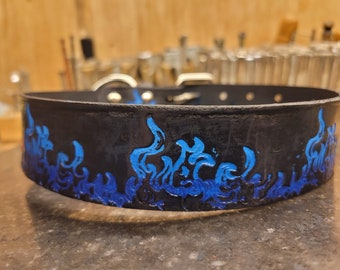 Dog Collars, Leather Dog Collar, Flame, Fire pattern, 1.5''inch wide, Handmade, Medium dog collar, Large Dog Collar, Blue Flames