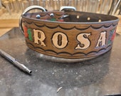 Leather Dog Collar, Roses, Dogs Name, 2 inch wide, hand crafted, custom made,