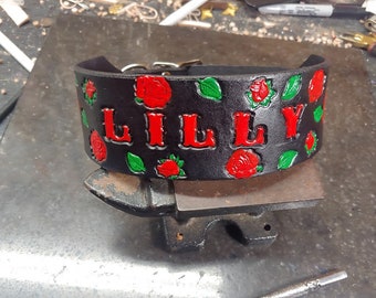 Dog Collar, Leather Dog Collar, Bed of Roses, Hand Painted, handmade, Dogs Name, Roses, Medium Dog Collar, Large Dog Collar