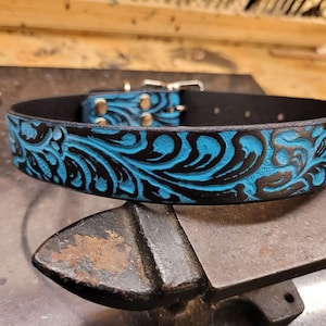 Dog Collar, Leather dog collar, Western Floral, 1''inch wide,  Black and Silver, Embossed, small dog collar, Medium Dog Collar