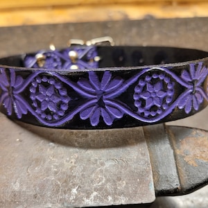 Dog Collar, Leather dog collar, Vintage design, Black and Purple, Handmade, Small Dog Collar