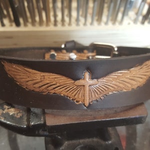 Dog Collar, Leather Dog Collar, Angel Wings and Cross, 2" wide, Dark Brown, Large Dog Collar, Medium Dog Collar