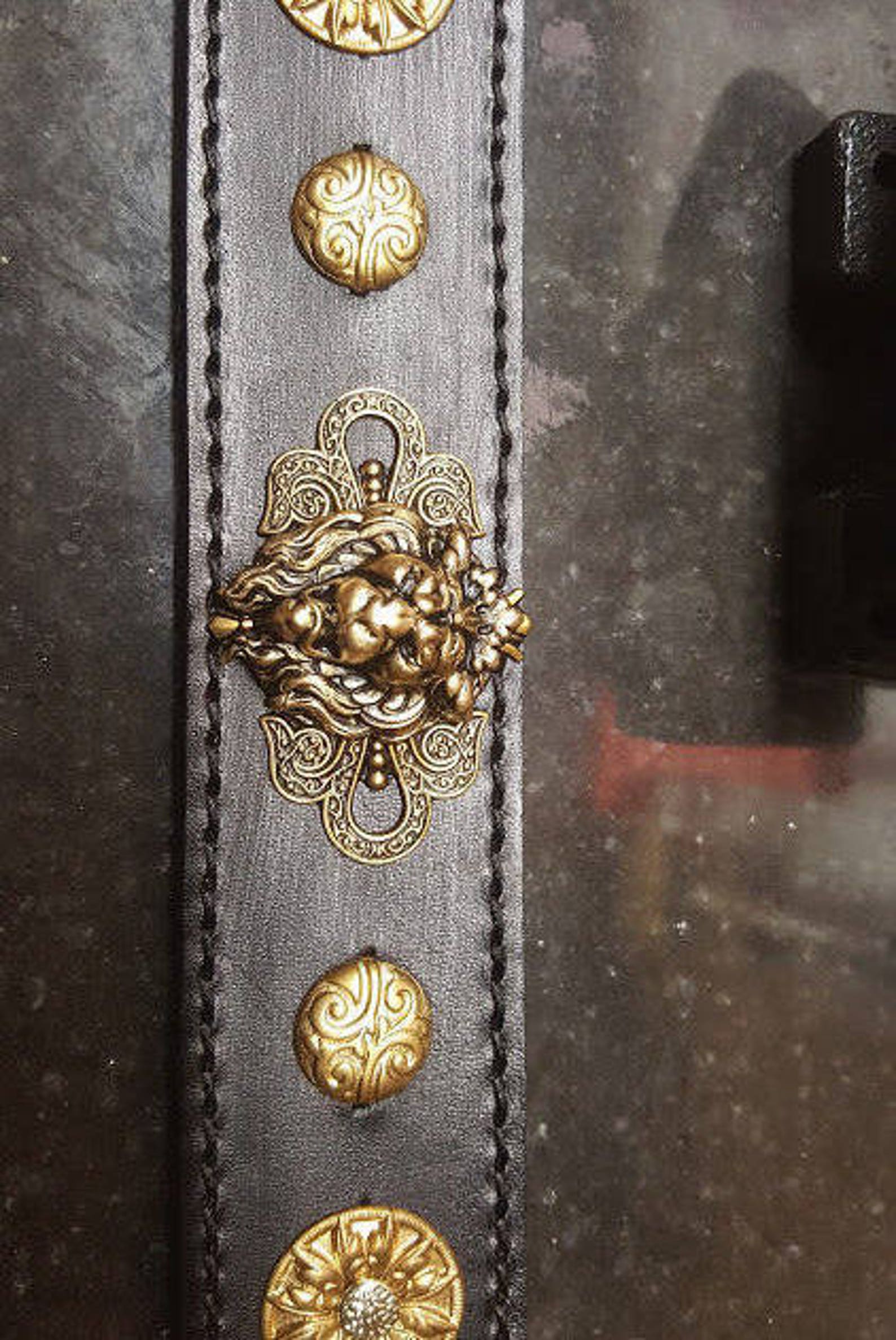 Leather dog collar Lion Head Brass Black stitched dog Etsy