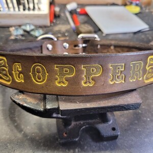 Dog Collar, Leather Dog Collar, Dark Brown and Yellow , Dogs Name, Western Dog Collar, handmade, Medium Dog Collar, Large Dog Collar