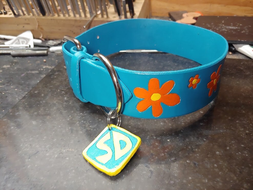 Leather Dog Collar Scooby Doo themed Flowers Scooby Tag Etsy