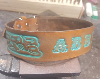Dog Collar, Leather Dog Collar, Western dog Collar, Vintage Collar, Customize Name, Handmade. Personalized Name Dog Collar, Turquoise color