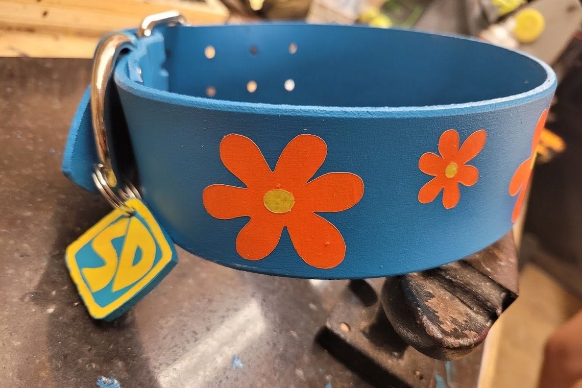 Leather Dog Collar Scooby Doo Themed Flowers Scooby Tag Etsy