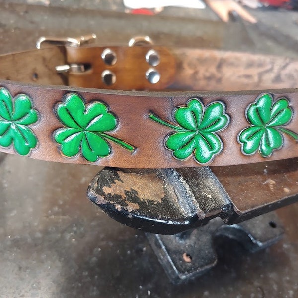 Dog Collar, Leather Dog Collar, Four Leaf Clover, Irish, Clover, Small Dog Collar, Handmade. Medium Dog Collar, St Patrick's Day Dog Collar