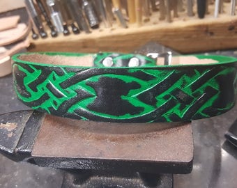 Dog Collar, Leather Dog Collar, Tribal, Green and Black, Celtic, 1.5 inch wide, Handmade, Medium Dog Collar, Large Dog Collar