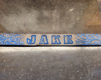 Dog Collar, Leather dog collar, Small Dog Collar, Western dog collar, 1''inch wide, Blue and Black, Embossed Dogs Name