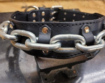 Dog Collar, Leather Dog Collar, Big Dog Collar, Heavy Duty Dog Collar, Leather with Chain, Black Leather, Great Danes, Cane Corso, Mastiff,