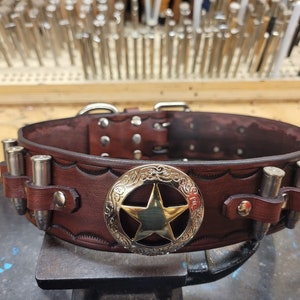 Dog Collar, Leather Dog Collar, Western Dog Collar, 2&#39;&#39;inch wide, Sheriff Collar 357mag bullets, Mahogany, Handmade