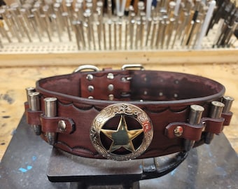 Dog Collar, Leather Dog Collar, Western Dog Collar, 2''inch wide, Sheriff Collar 357mag bullets, Mahogany, Handmade