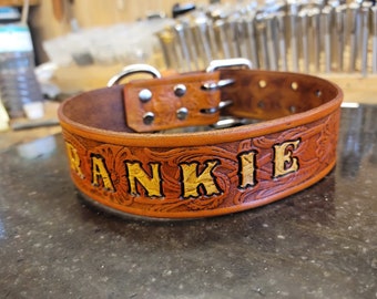 Dog Collar, Leather Dog Collar, Western Dog Collar. Customized with Dogs Name, Saddle Tan, Two Tone, 1.5 inches Handmade.