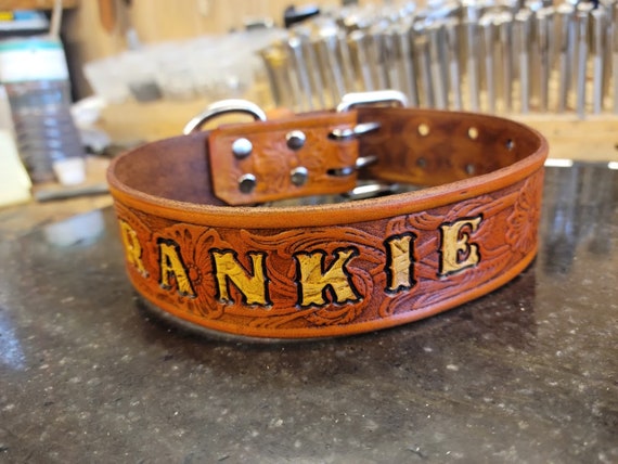 Dog Collar, Leather Dog Collar, Western Dog Collar. Customized with Dogs Name, Saddle Tan, Two Tone, 1.5 inches Handmade.