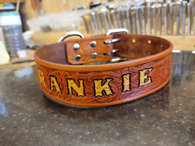 May include: A brown leather dog collar with silver hardware and the name "FRANKIE" embossed in gold lettering.