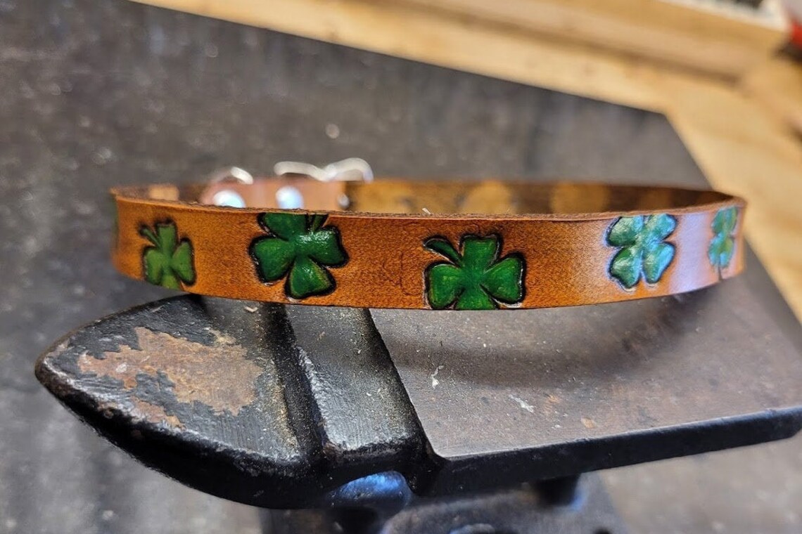 Leather Dog Collar Four Leaf Clover Irish Clover Small Dog Etsy