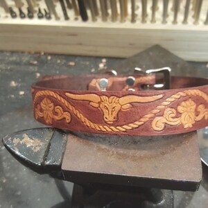 May include: A brown leather dog collar with a tooled design of a steer head and rope. The collar has a silver buckle.