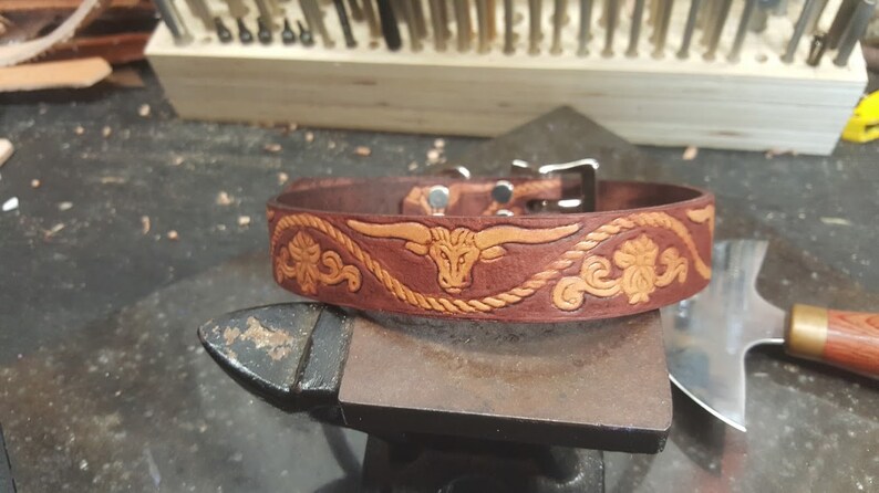 May include: A brown leather dog collar with a tooled design of a steer head and rope. The collar has a silver buckle.